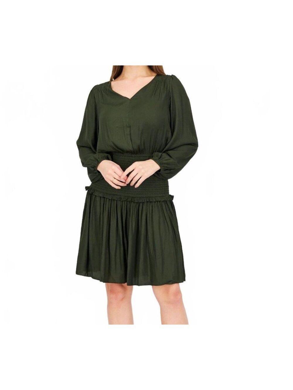 Grade & Gather Olive Green Smocked Drop Waist Dress V Neck Long Sleeve Boho S